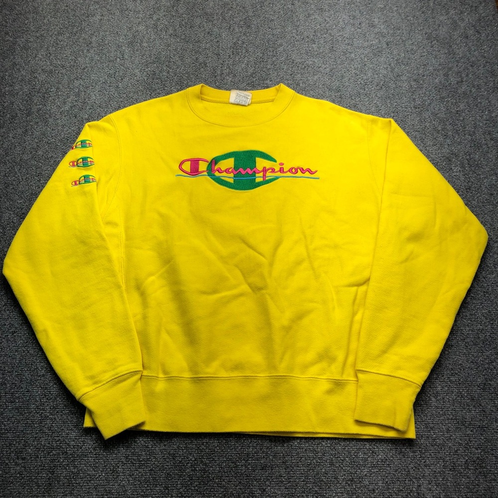 Champion Reverse Weave Sweatshirt Yellow Embroidered Script Logo Mens Large